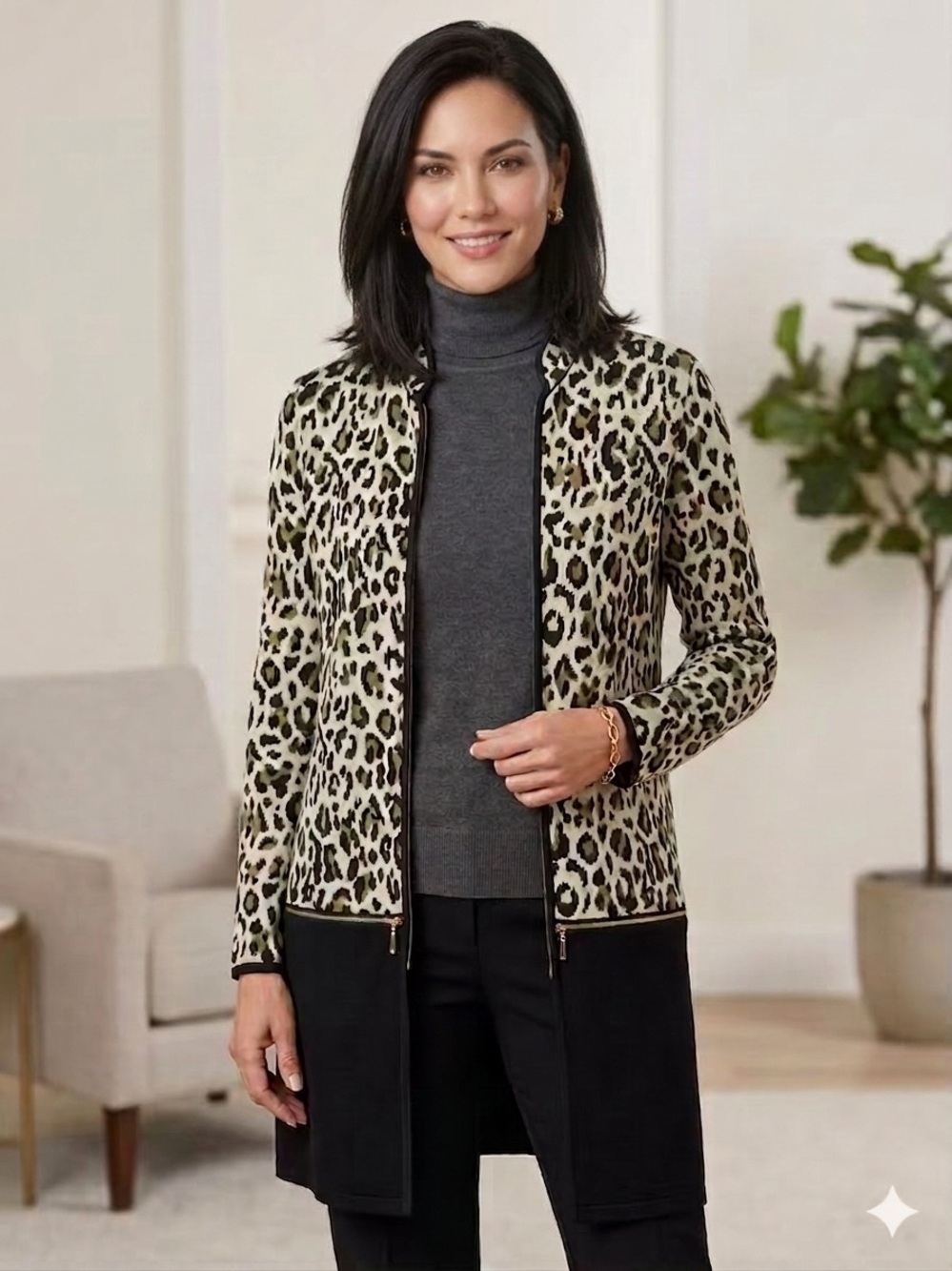 Chico's Leopard Print Colorblock Convertible Zip Cardigan Jacket - Size 1